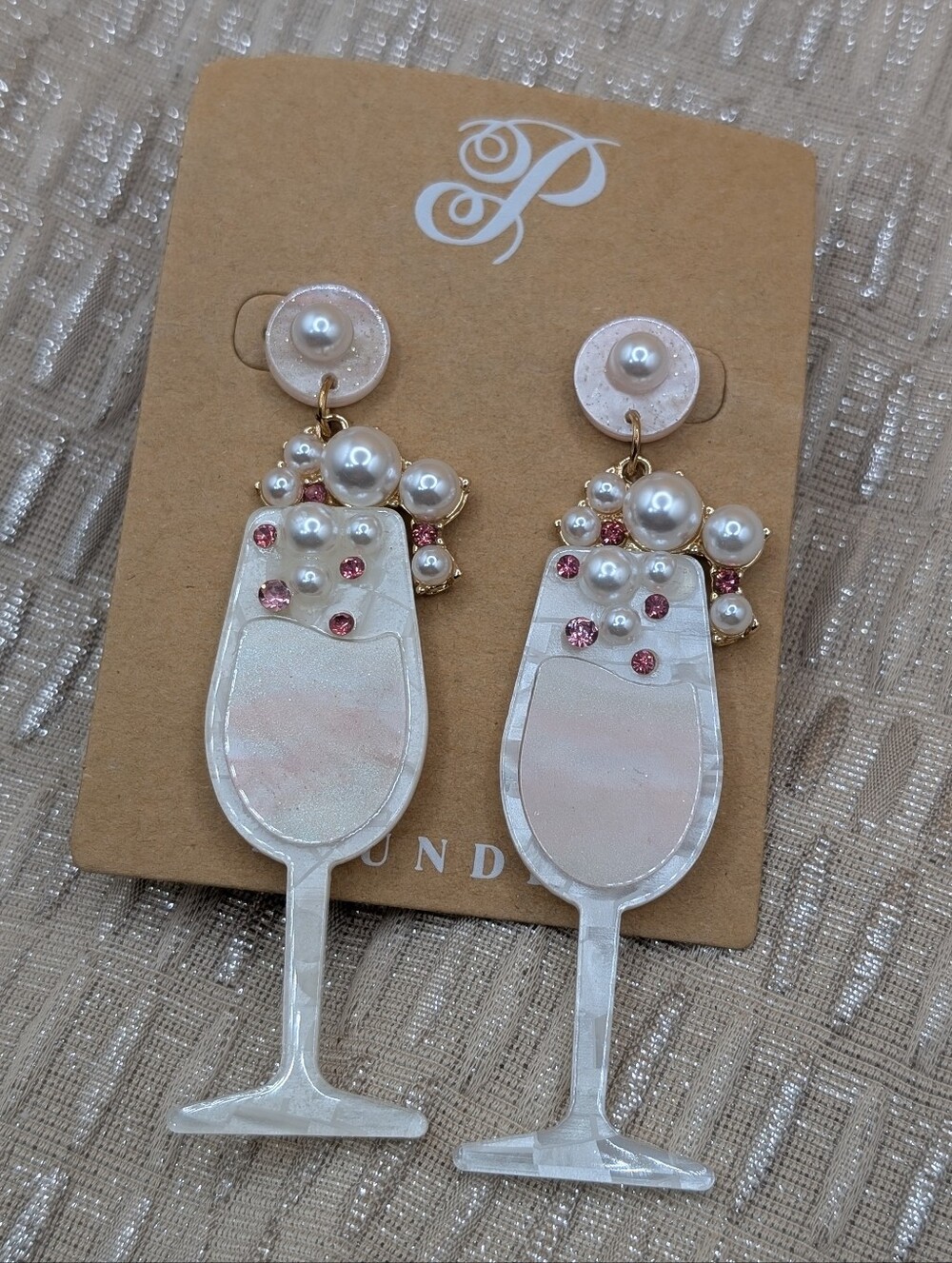 Plunder Pearl Champagne Glass Earrings with Pink Crystal Accents